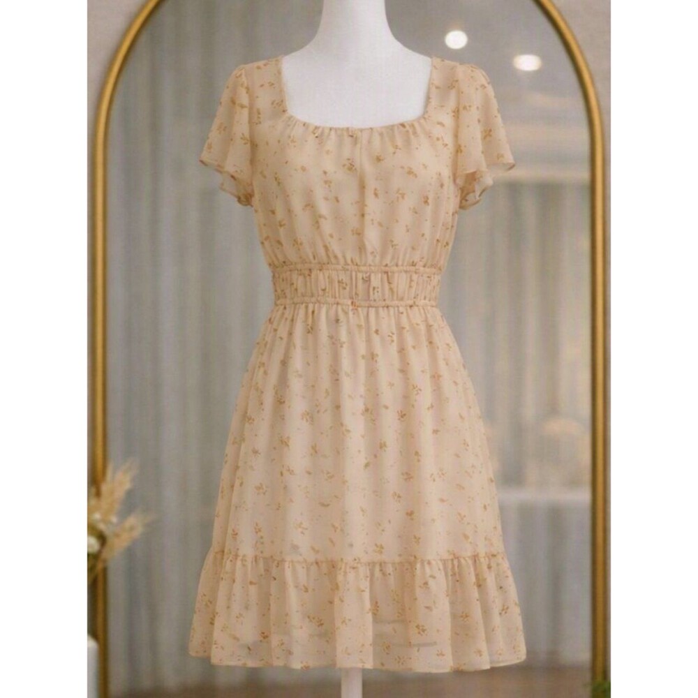 Altar’d State Women’s Tan Floral Dress Flowy Cap Sleeves Size M